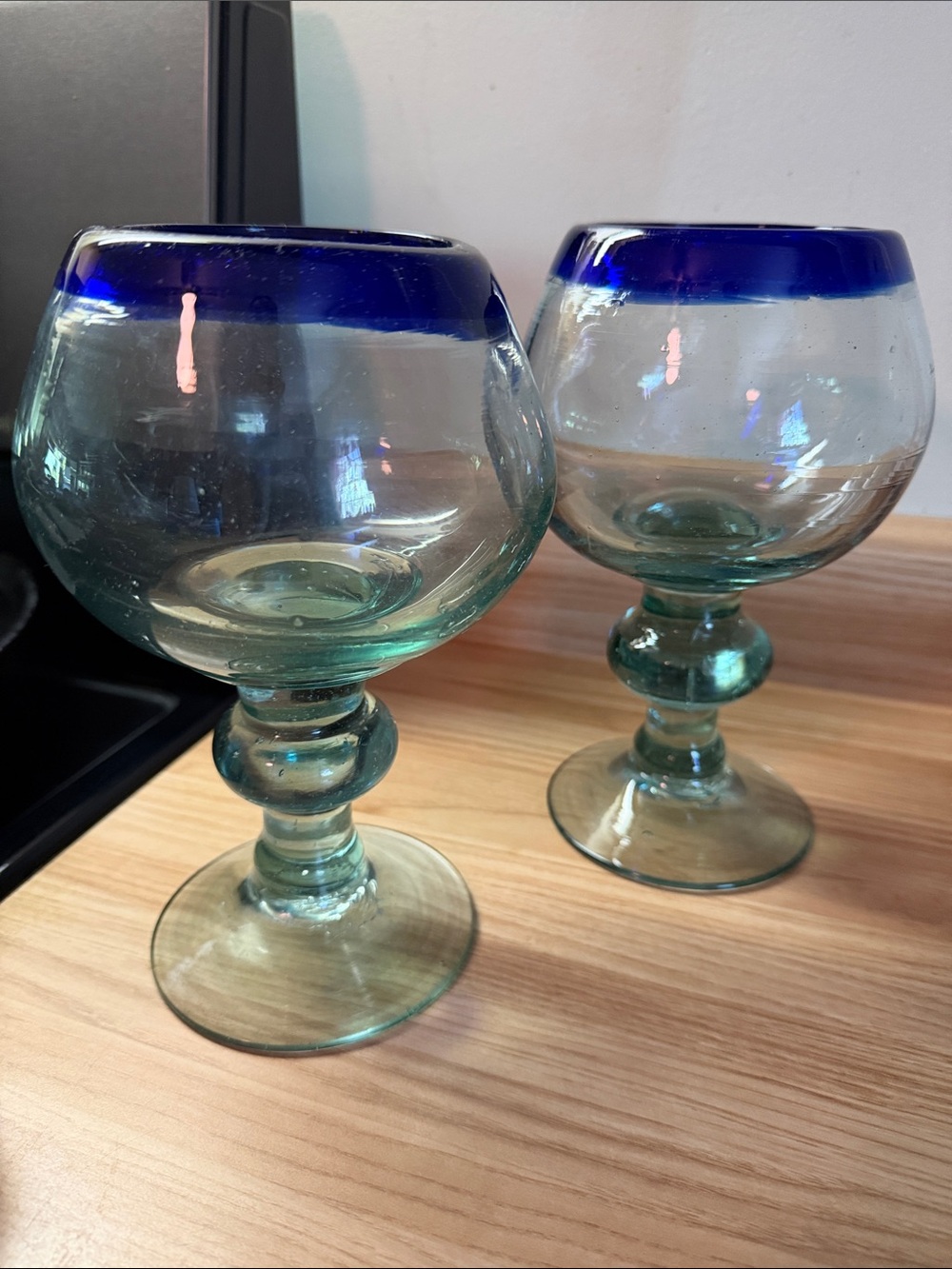 Vintage Blue Rim Handblown Goblet/Margarita Glass Pair